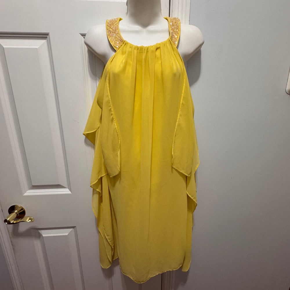 Badgley Mischka for Cache Yellow Mini chiffon Dress sequin neckline size 12